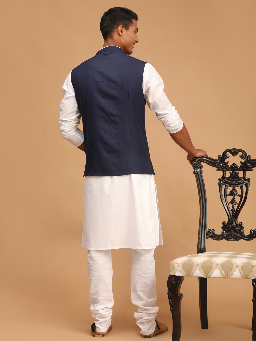 VASTRAMAY Navy Blue Silk Blend Jacket With White Kurta Pyjama Baap Beta Set