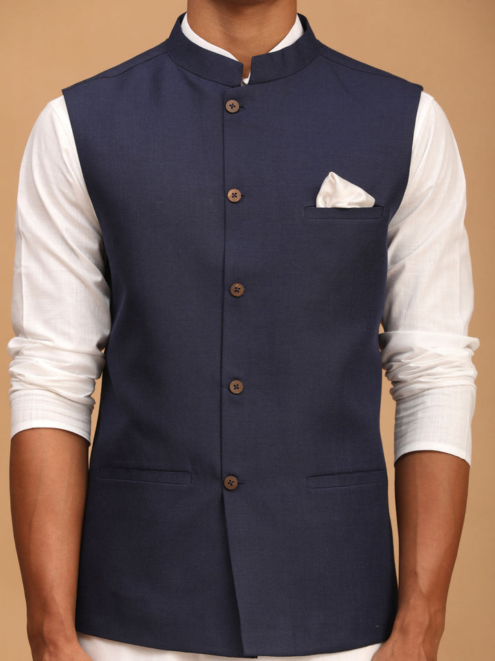 VASTRAMAY Navy Blue Silk Blend Jacket With White Kurta Pyjama Baap Beta Set