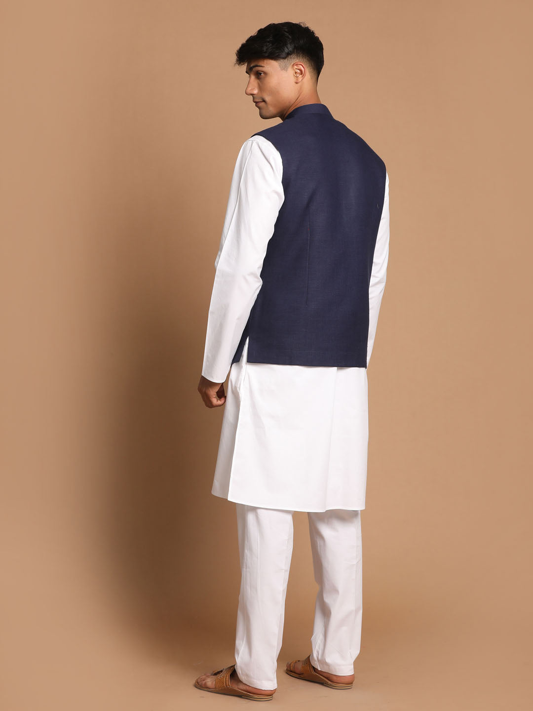 VASTRAMAY Men's Navy Blue Cotton Nehru Jacket  With White Kurta and Pant