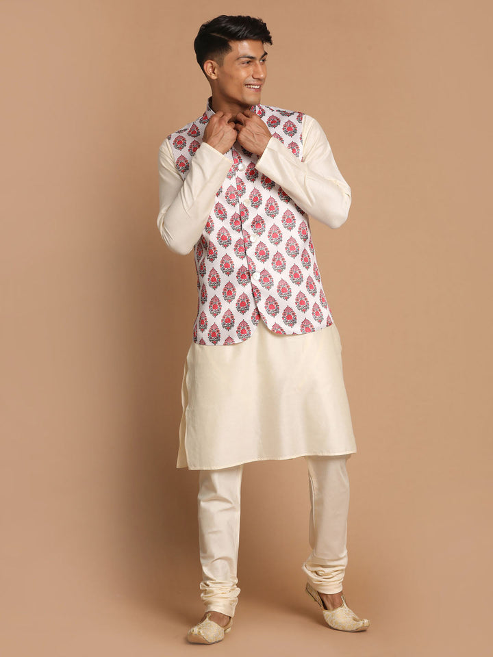 VASTRAMAY Men's White & Red Floral Printed Slim-Fit Satin Nehru Jacket With White Kurta Pyjama