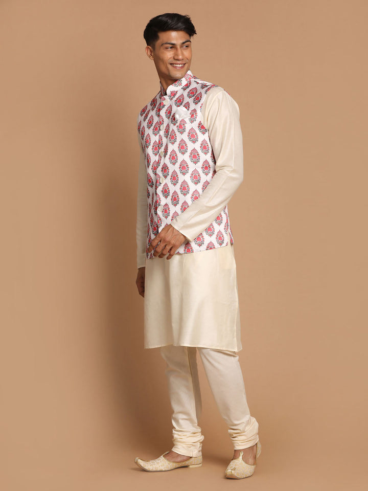 VASTRAMAY Men's White & Red Floral Printed Slim-Fit Satin Nehru Jacket With White Kurta Pyjama