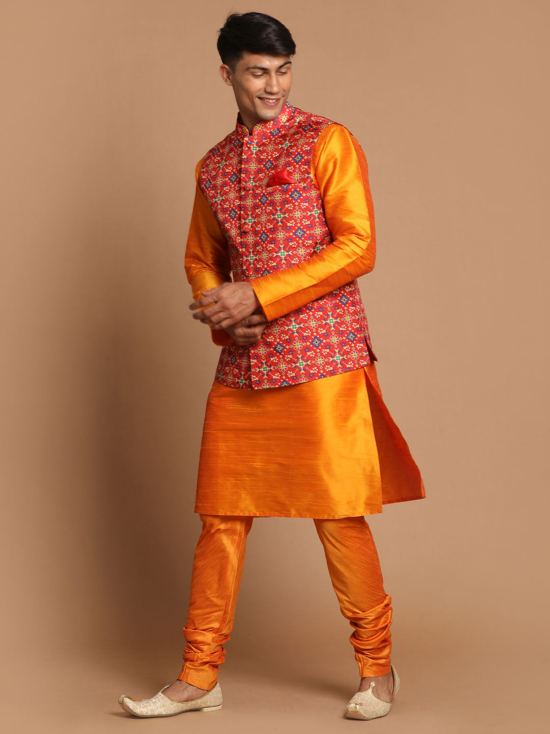 VASTRAMAY Maroon Patola Print Nehru Jacket With Orange kurta Pyjama Set