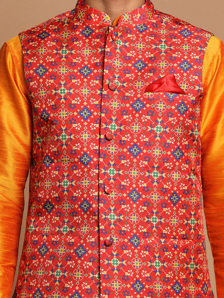 VASTRAMAY Maroon Patola Print Nehru Jacket With Orange kurta Pyjama Set