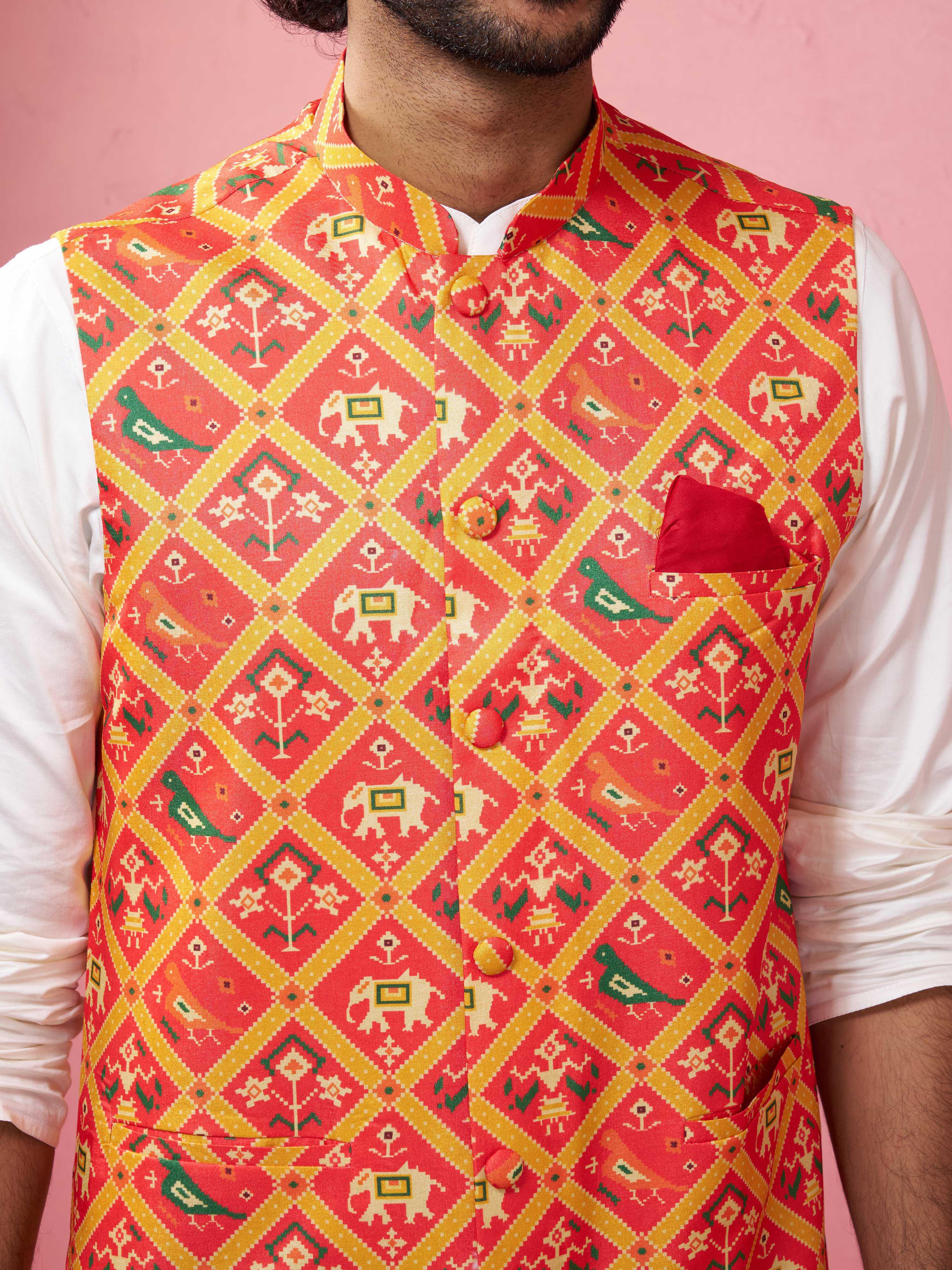 Men's Red Patola Print Nehru Jacket