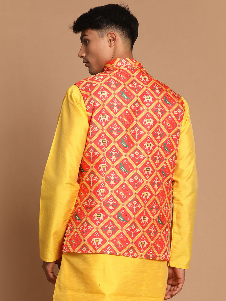 VASTRAMAY Men's Red Patola Print Nehru Jacket