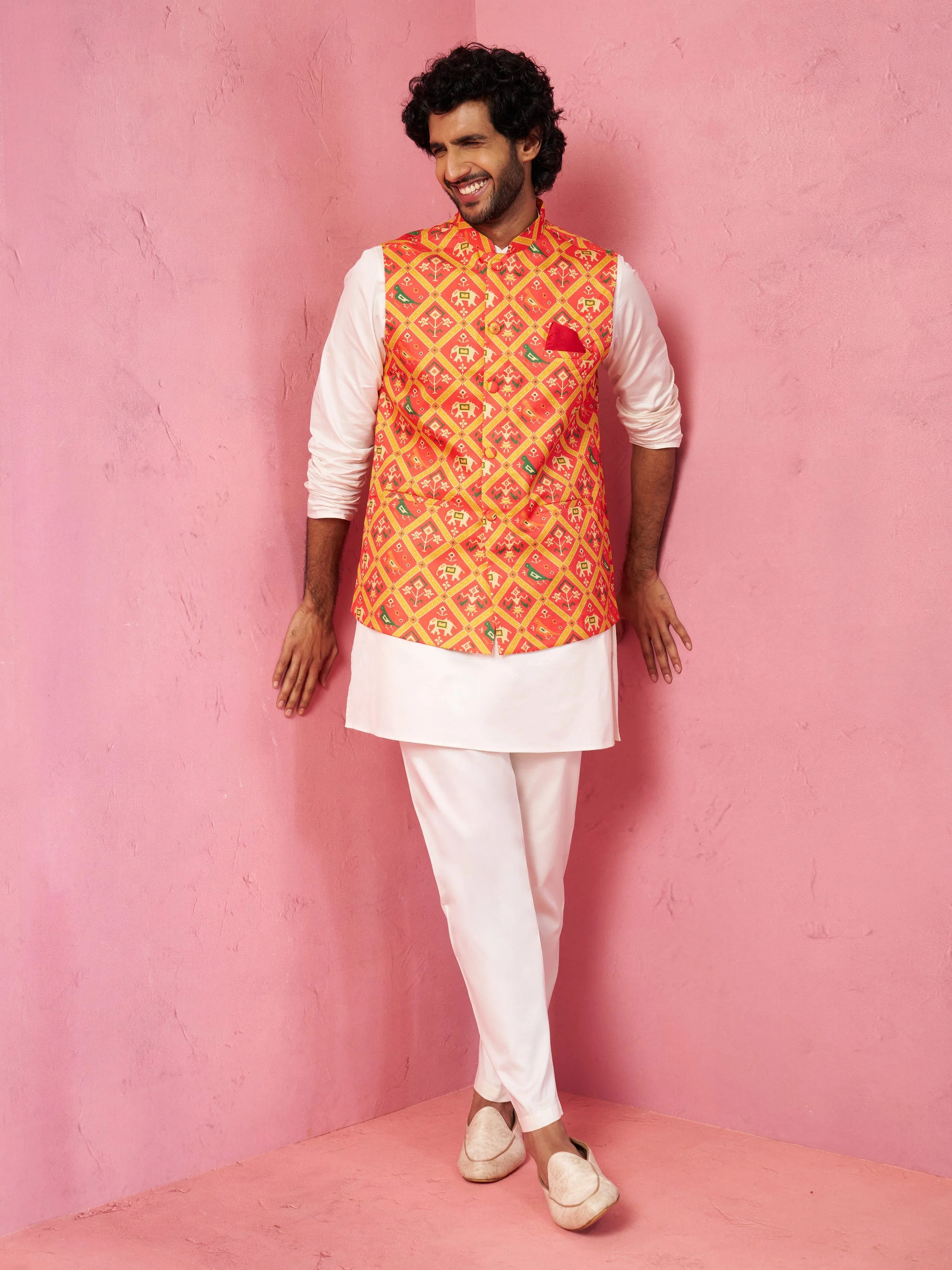 Men's Red Patola Print Nehru Jacket