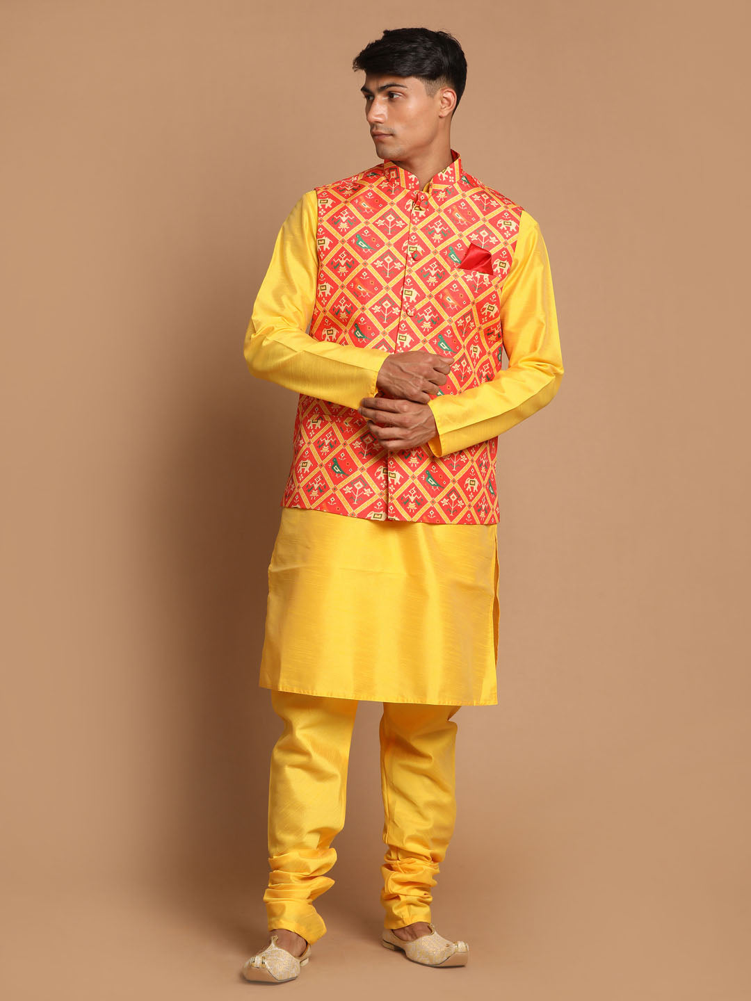 VASTRAMAY Red Patola Print Nehru Jacket With Yellow  kurta Pyjama Set