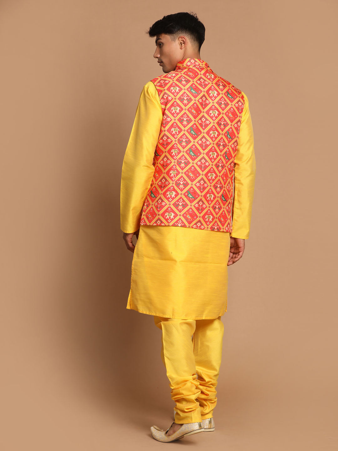 VASTRAMAY Red Patola Print Nehru Jacket With Yellow  kurta Pyjama Set