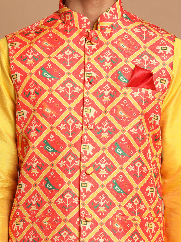 VASTRAMAY Red Patola Print Nehru Jacket With Yellow  kurta Pyjama Set