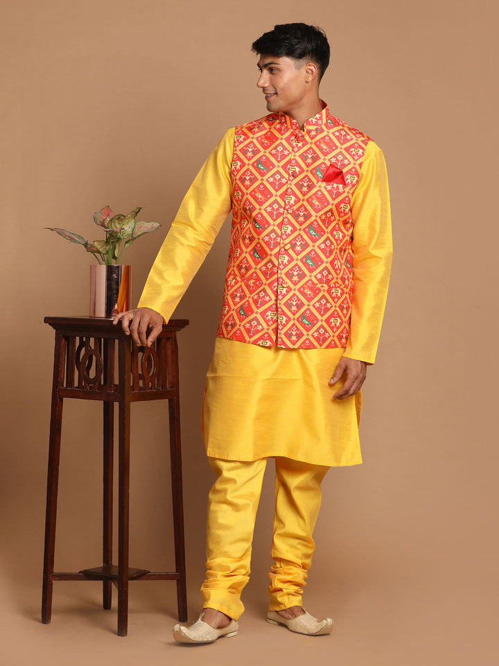 VASTRAMAY Red Patola Print Nehru Jacket With Yellow  kurta Pyjama Set