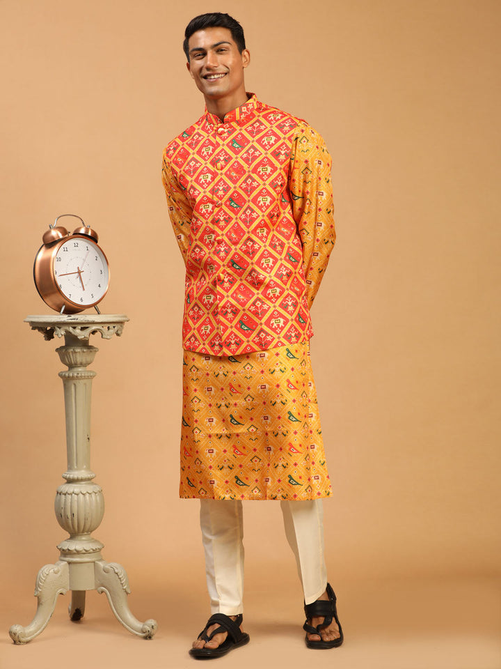 VASTRAMAY Red Patola Print Nehru Jacket With Yellow Printed kurta & Cream Viscose Pant Set