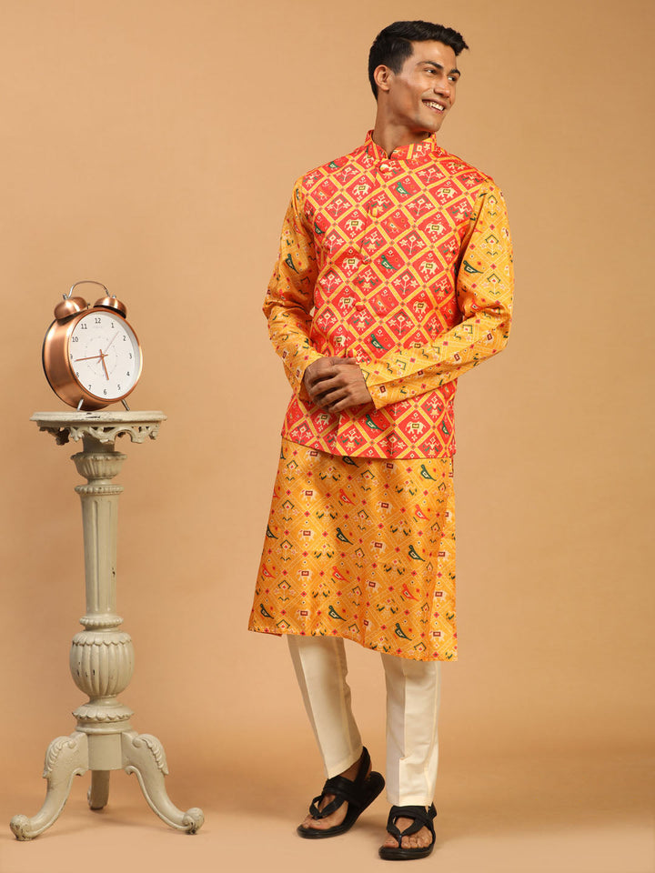 VASTRAMAY Red Patola Print Nehru Jacket With Yellow Printed kurta & Cream Viscose Pant Set