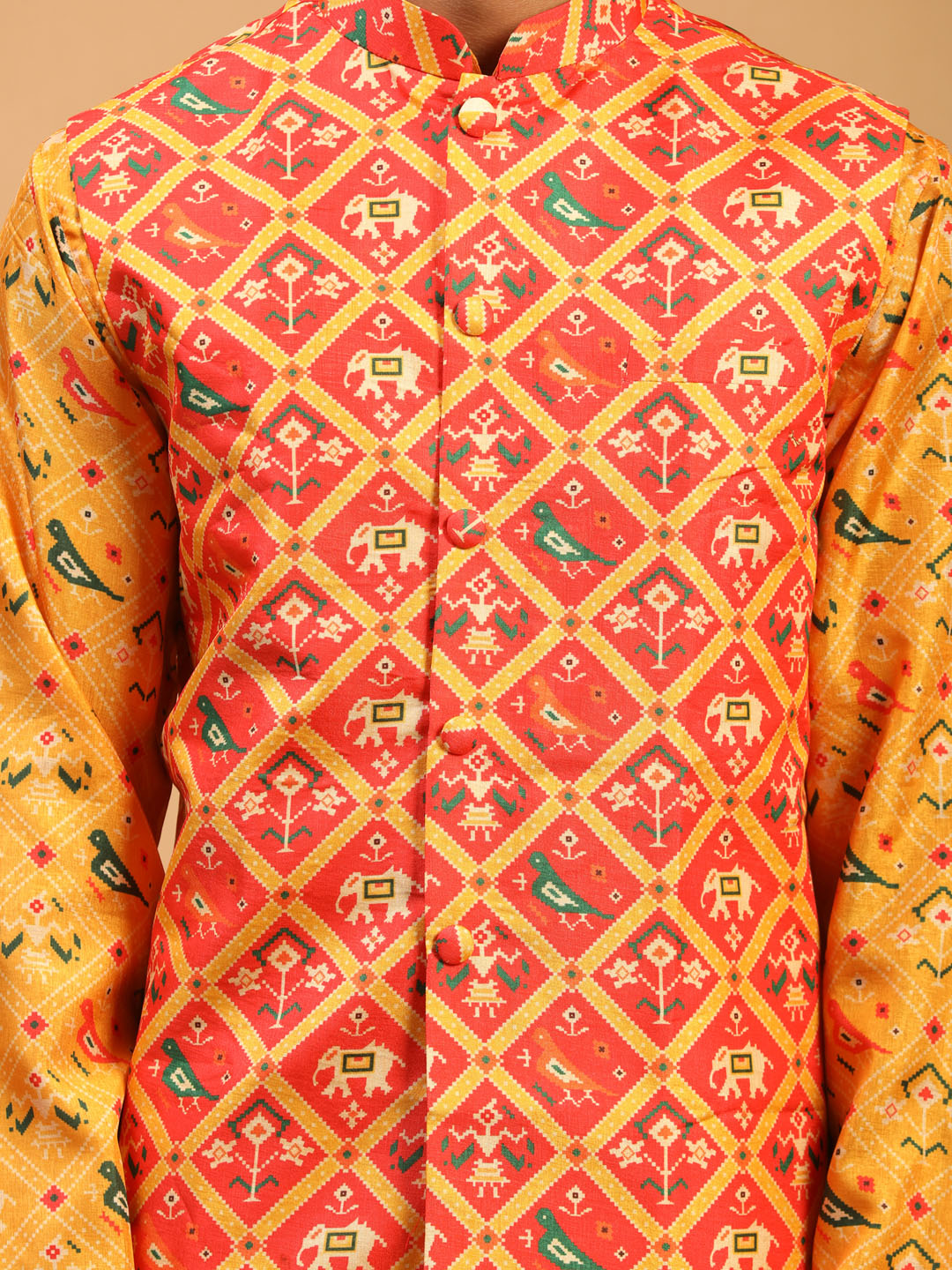 VASTRAMAY Red Patola Print Nehru Jacket With Yellow Printed kurta & Cream Viscose Pant Set