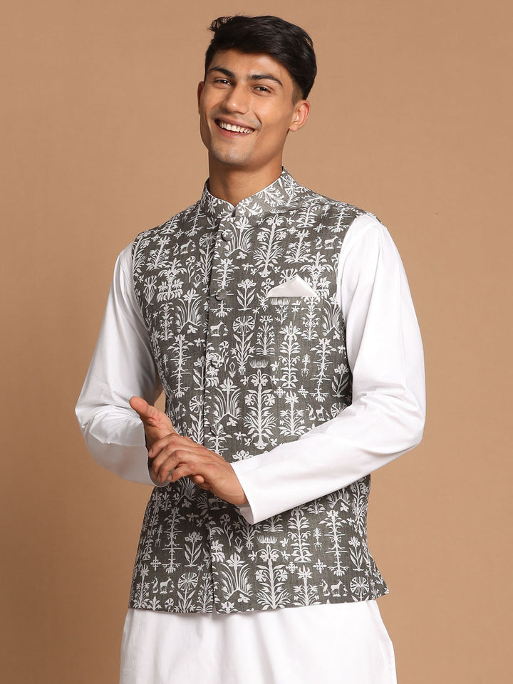 VASTRAMAY Men's Mehdi Green And White Printed Cotton Blend Nehru Jacket