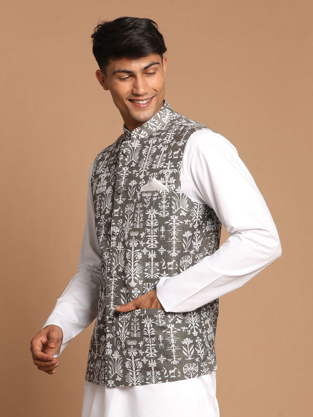 VASTRAMAY Men's Mehdi Green And White Printed Cotton Blend Nehru Jacket with traditional Indian design and comfortable fit for all occasions