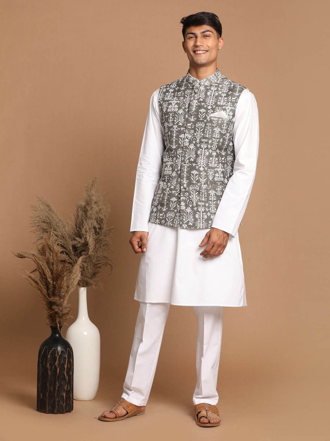 VASTRAMAY Men's Mehdi Green And White Printed Cotton Blend Nehru Jacket, traditional Indian-inspired attire for men with intricate pattern details