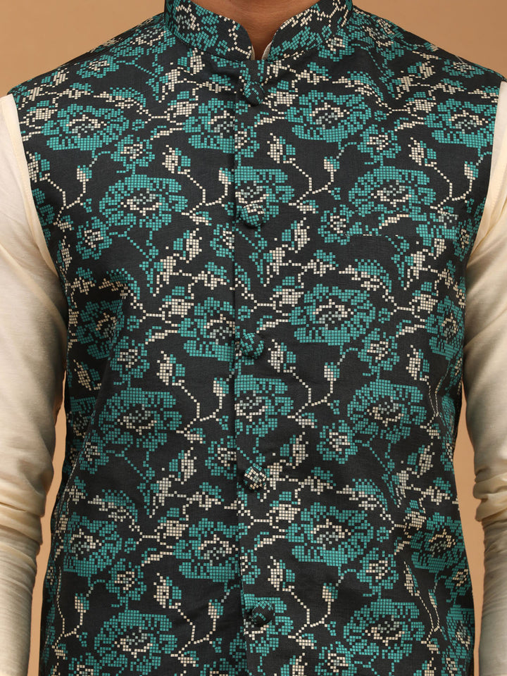 VASTRAMAY Men's Green Printed Nehru Jacket With Cream Solid kurta & Pyjama Set