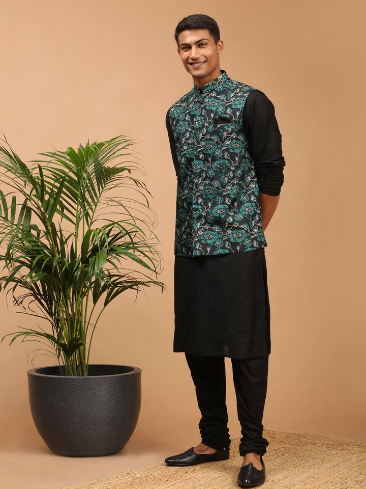 VASTRAMAY Men's Green Printed Nehru Jacket With Black Solid kurta & Pyjama Set