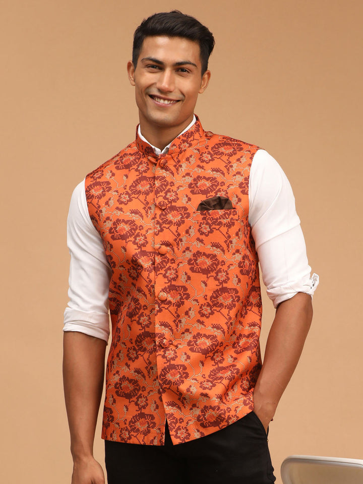 VASTRAMAY Men's Rust Printed Nehru Jacket