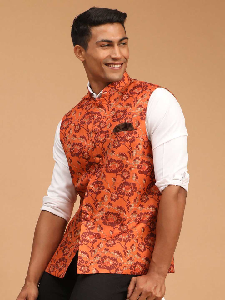 VASTRAMAY Men's Rust Printed Nehru Jacket