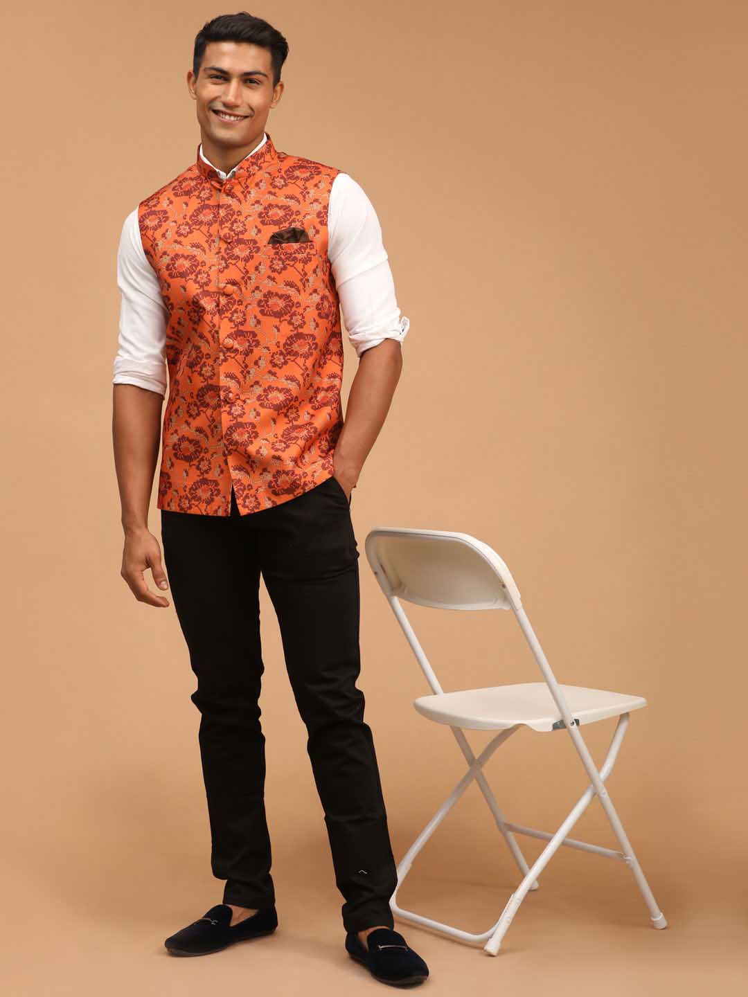 VASTRAMAY Men's Rust Printed Nehru Jacket