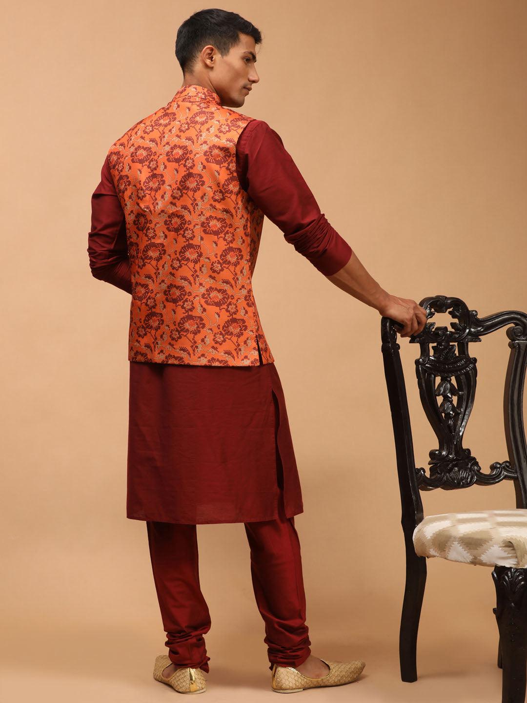 VASTRAMAY Men's Rust Printed Nehru Jacket With Maroon Solid kurta & Pyjama Set