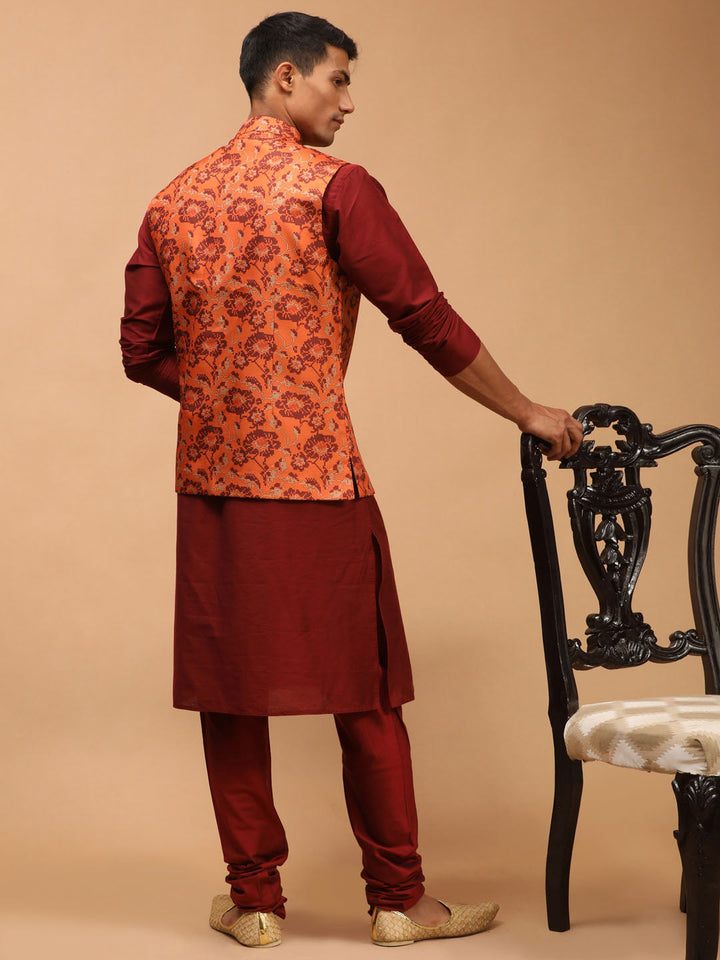 VASTRAMAY Men's Rust Printed Nehru Jacket With Maroon Solid kurta & Pyjama Set