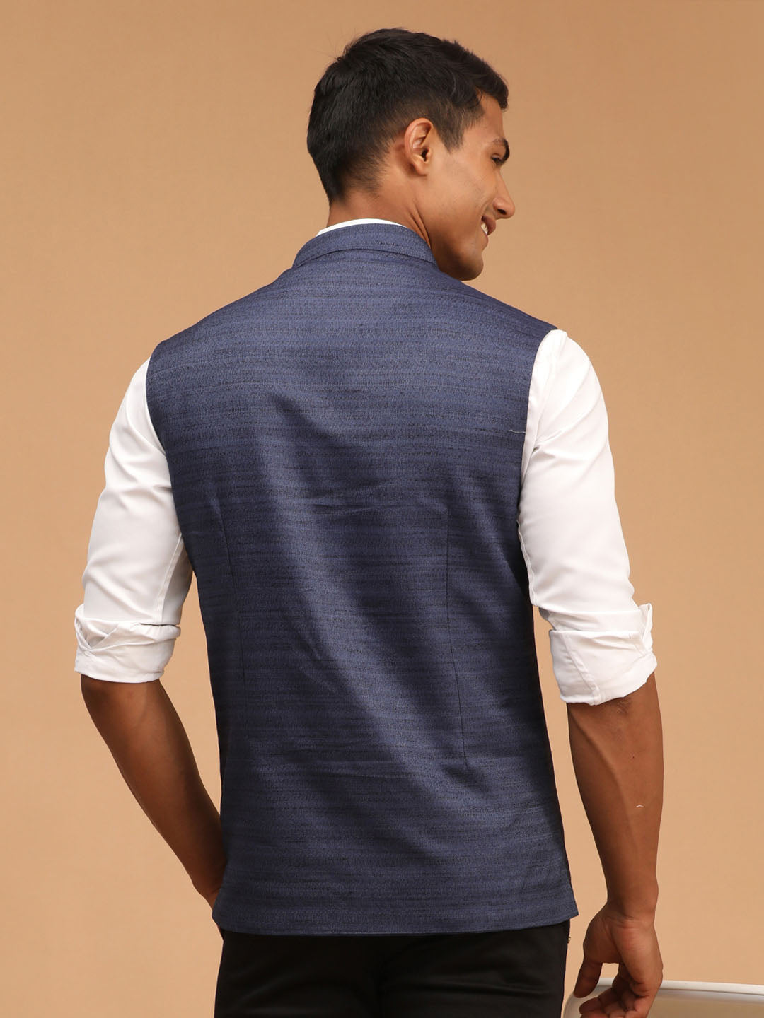 VASTRAMAY Navy Blue Cotton Blend Solid Nehru Jacket