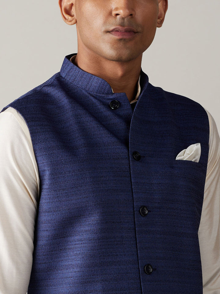 VASTRAMAY Navy Blue Cotton Blend Solid Nehru Jacket With Cream Kurta And Pant Set