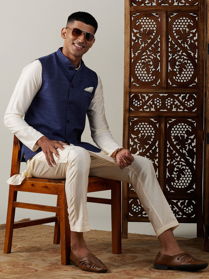 VASTRAMAY Navy Blue Cotton Blend Solid Nehru Jacket With Cream Kurta And Pant Set