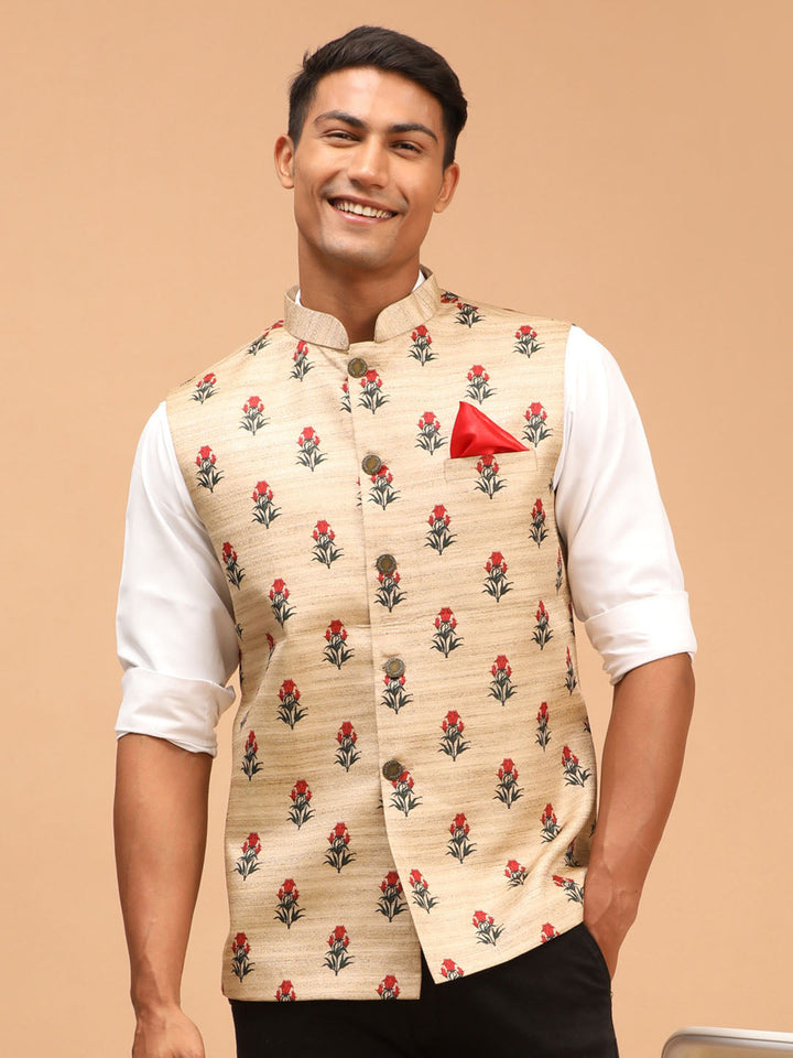 Front view of VASTRAMAY Men's Beige Rose Print Matka Silk Nehru Jacket with intricate rose print and mandarin collar