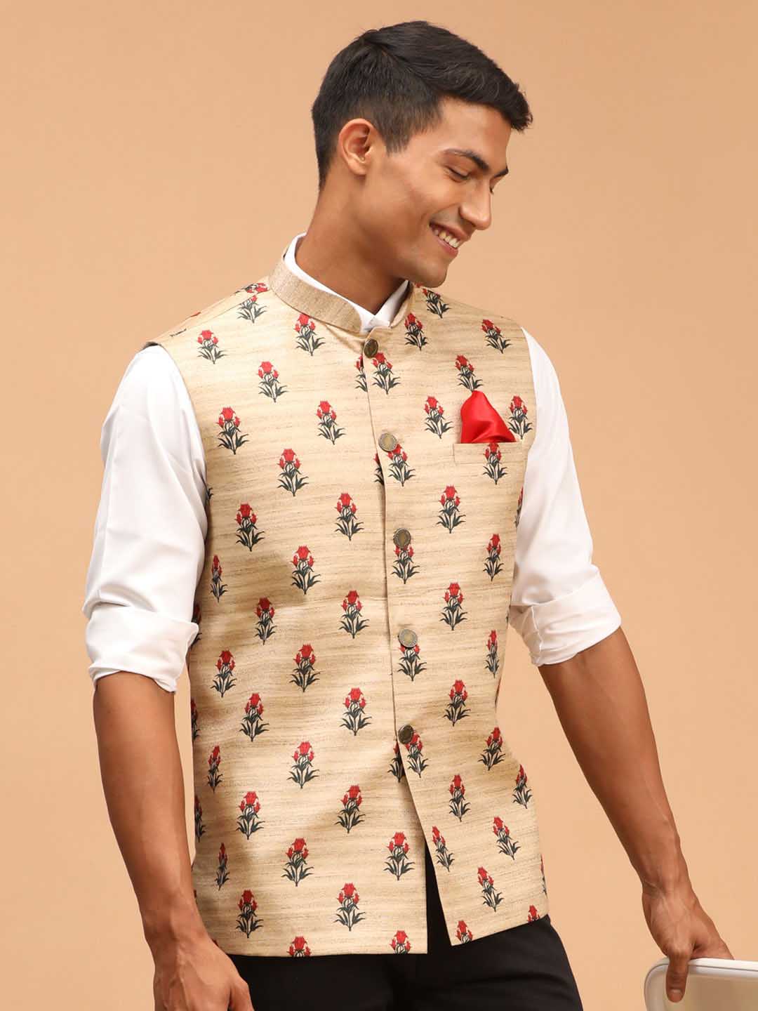 VASTRAMAY Beige Rose Print Silk Nehru Jacket - Elegant and stylish men's jacket with floral design in beige color