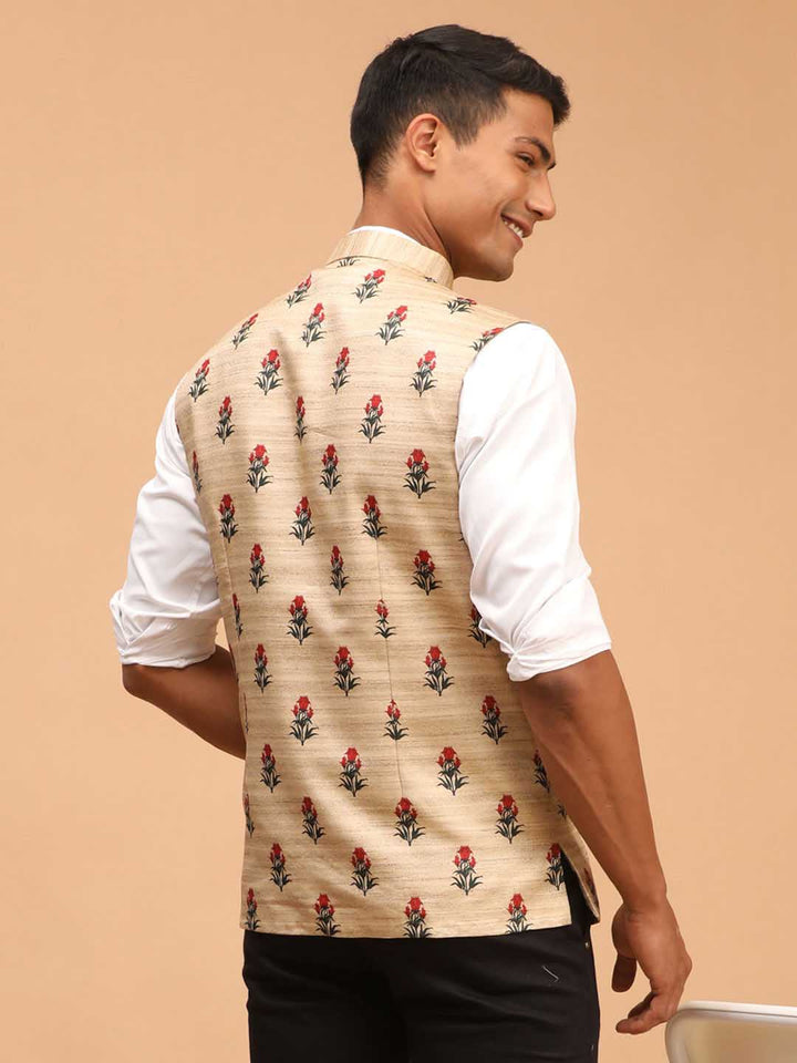  VASTRAMAY Men's Beige Rose Print Matka Silk Nehru Jacket showcasing the unique rose print design