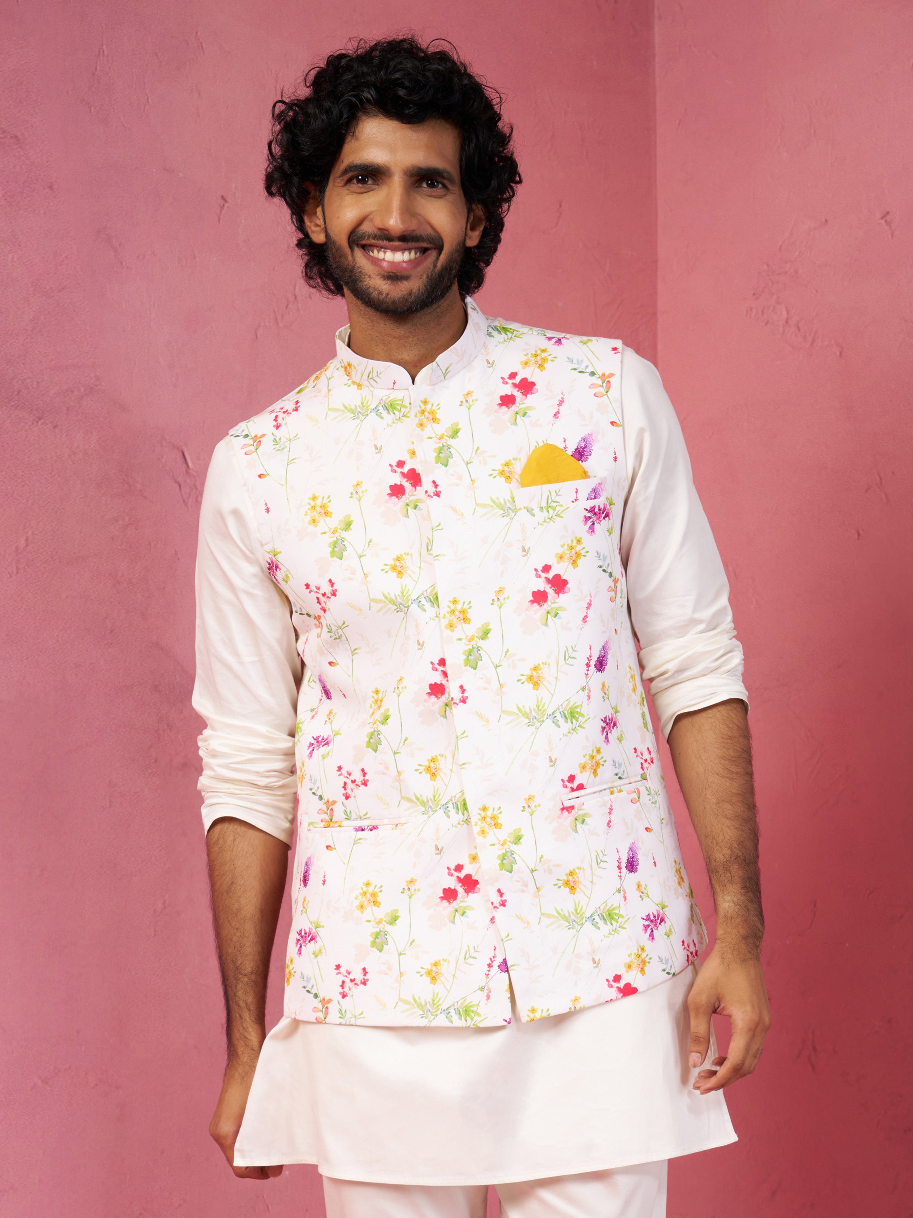 Men's Cream Base Multi Printed Cotton Blend Nehru Jacket
