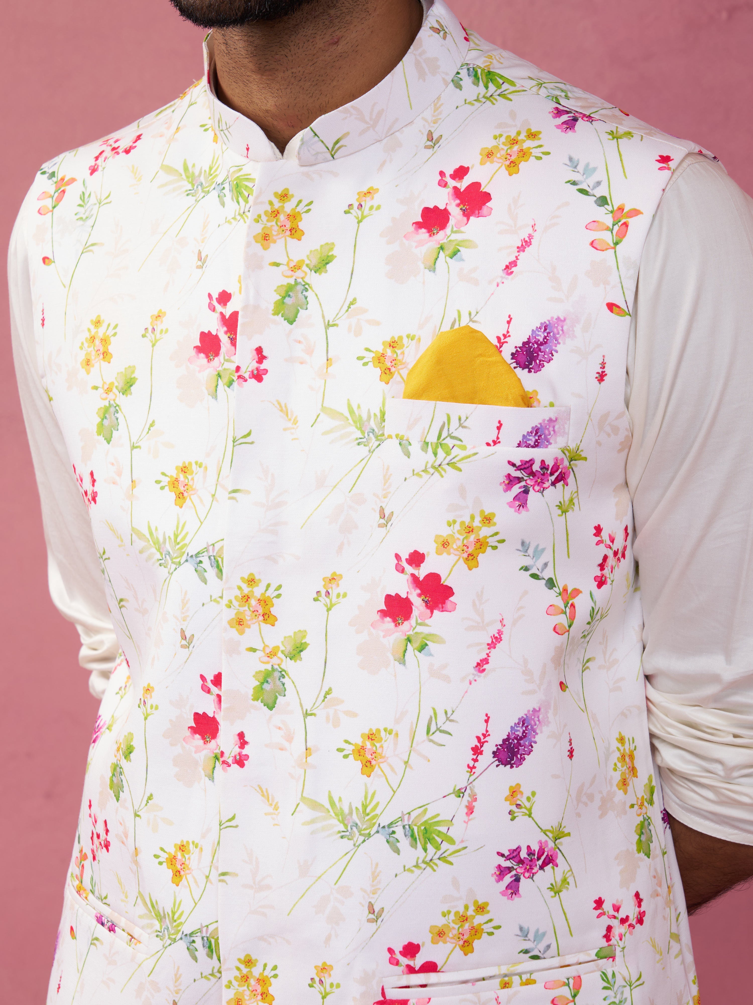 Men's Cream Base Multi Printed Cotton Blend Nehru Jacket