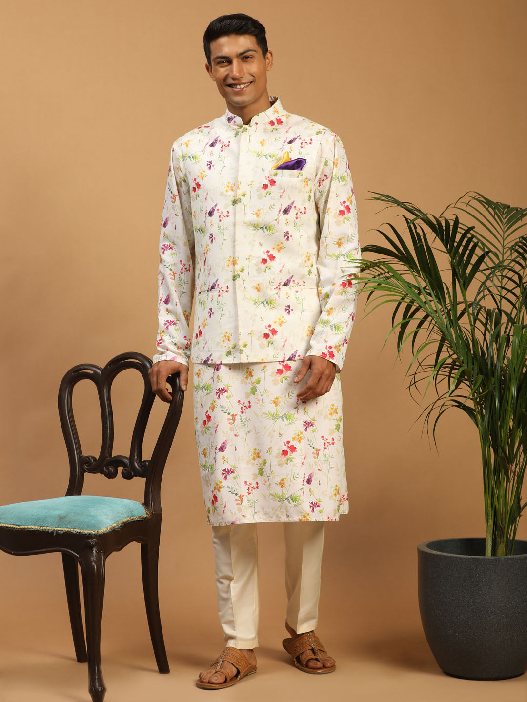 VASTRAMAY Cream Printed Nehru Jacket And Multicolor-base Printed Kurta With Cream Viscose Stylish Pant Set