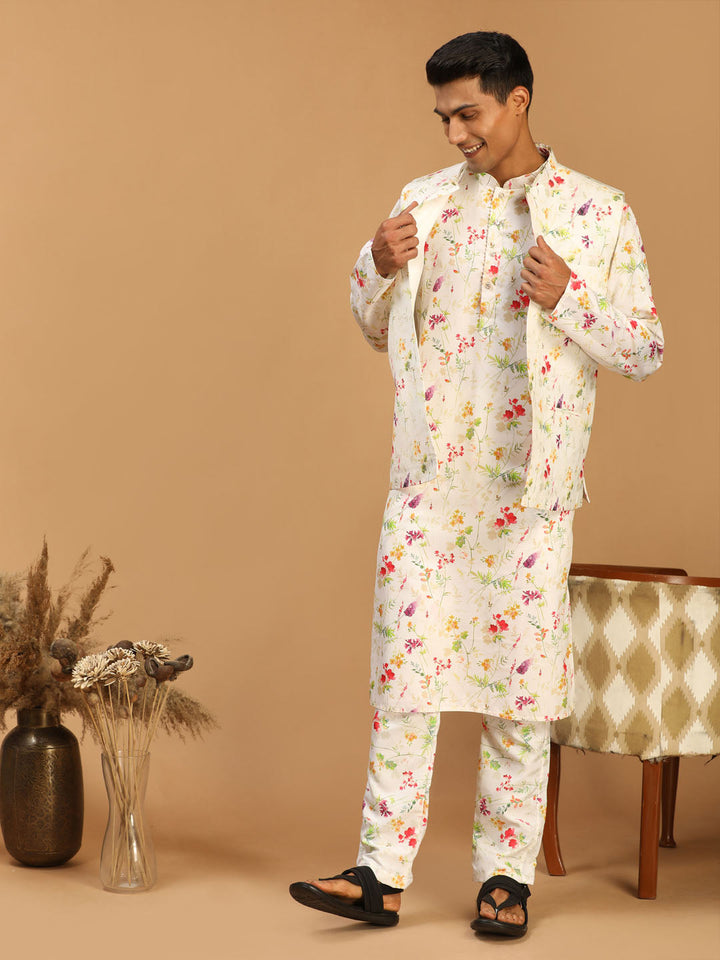 VASTRAMAY Cream Printed Nehru Jacket And Multicolor-base Printed Kurta With Matching Rayon Pant Set