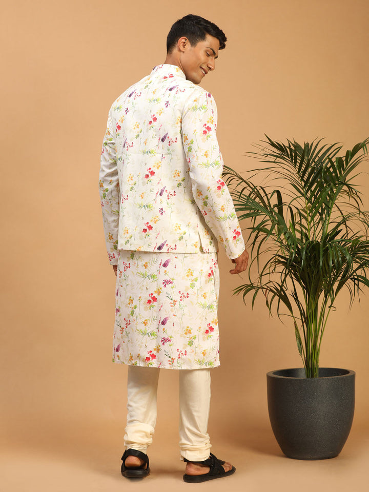 VASTRAMAY Cream Printed Nehru Jacket And Multicolor-base Printed Kurta With Cream Pyjama Set