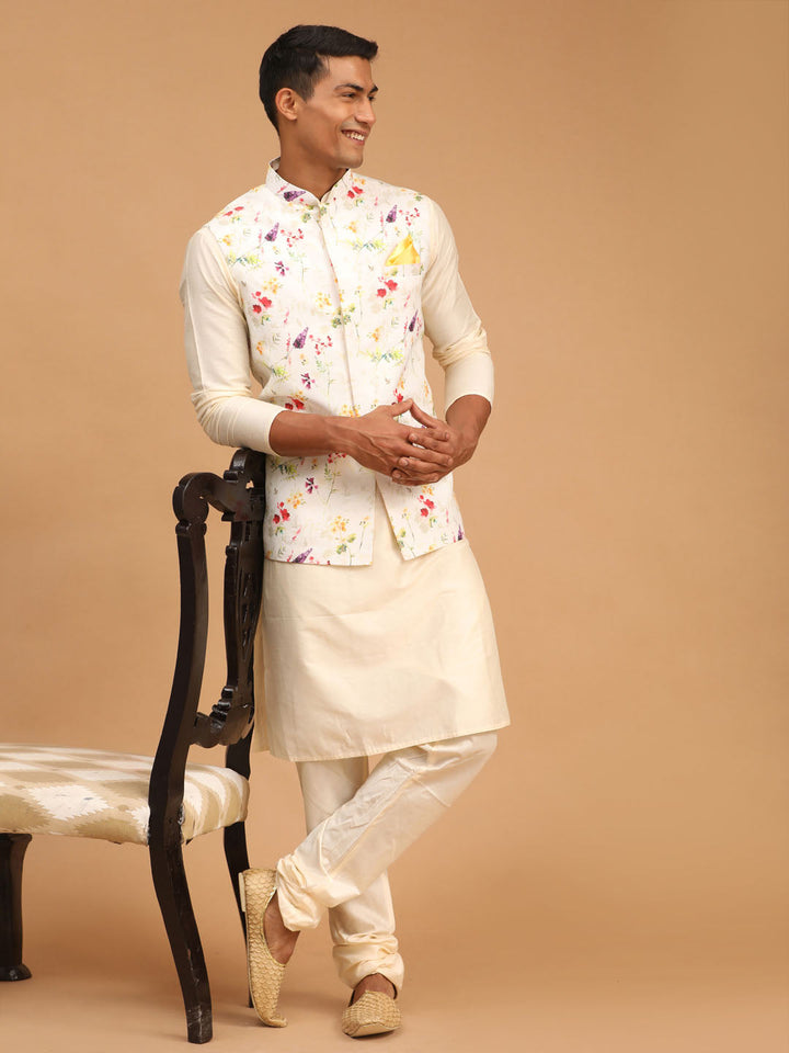 VASTRAMAY Cream Printed Nehru Jacket And Cream Solid Kurta With Pyjama Set