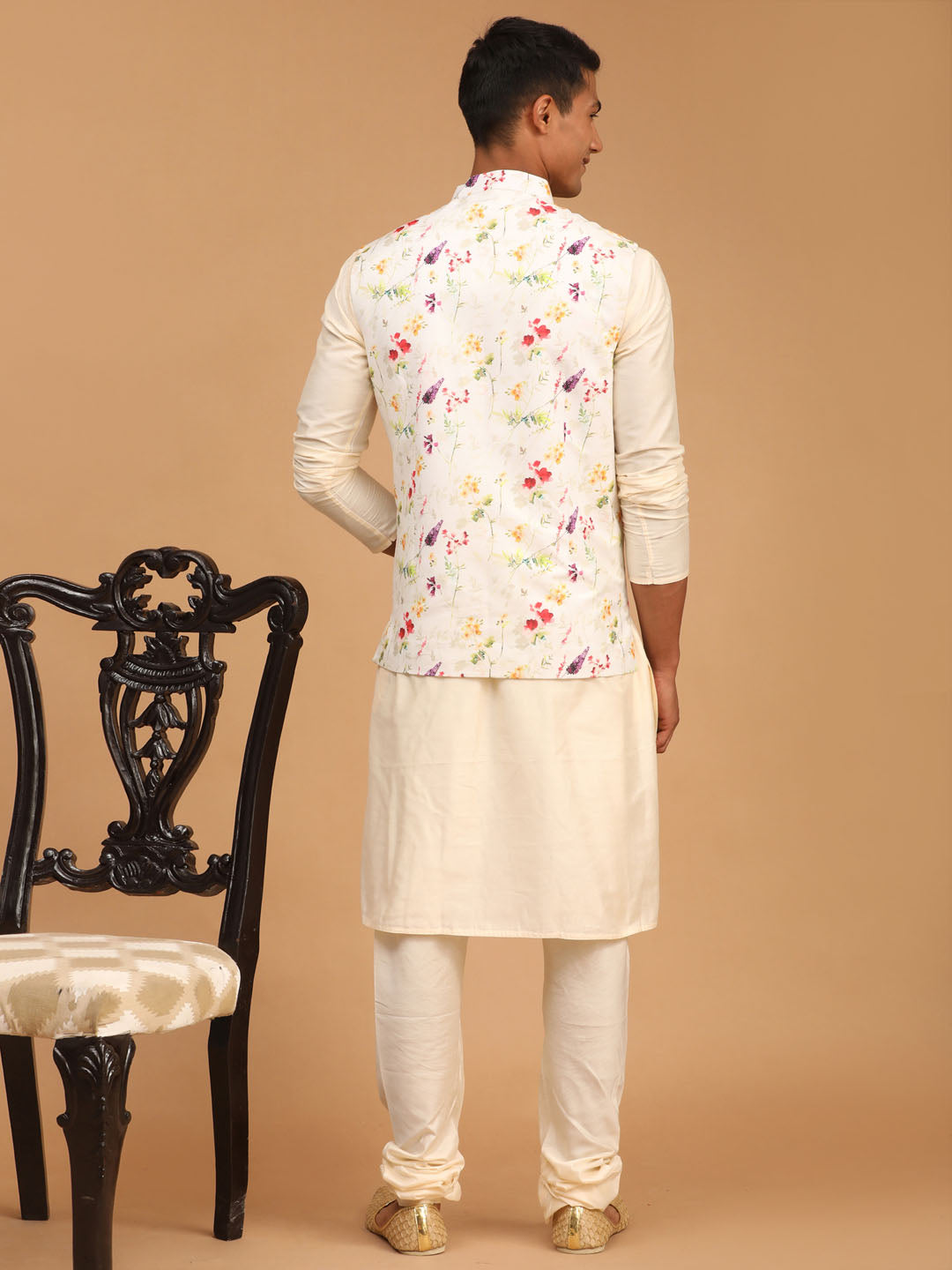 VASTRAMAY Cream Printed Nehru Jacket And Cream Solid Kurta With Pyjama Set