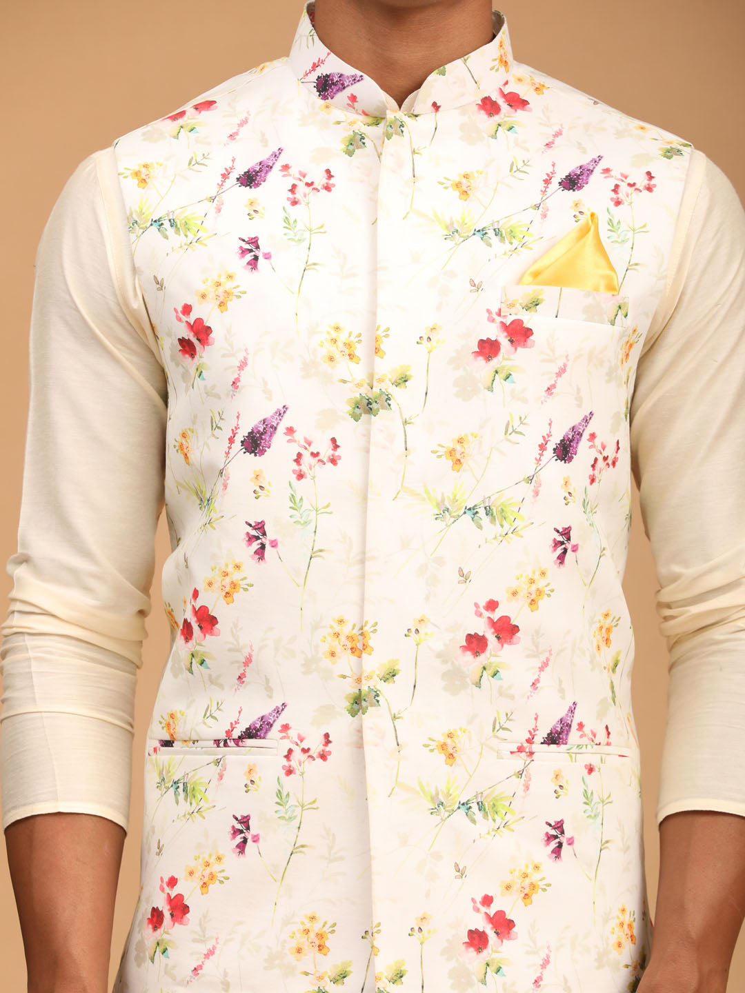 VASTRAMAY Cream Printed Nehru Jacket And Cream Solid Kurta With Pyjama Set