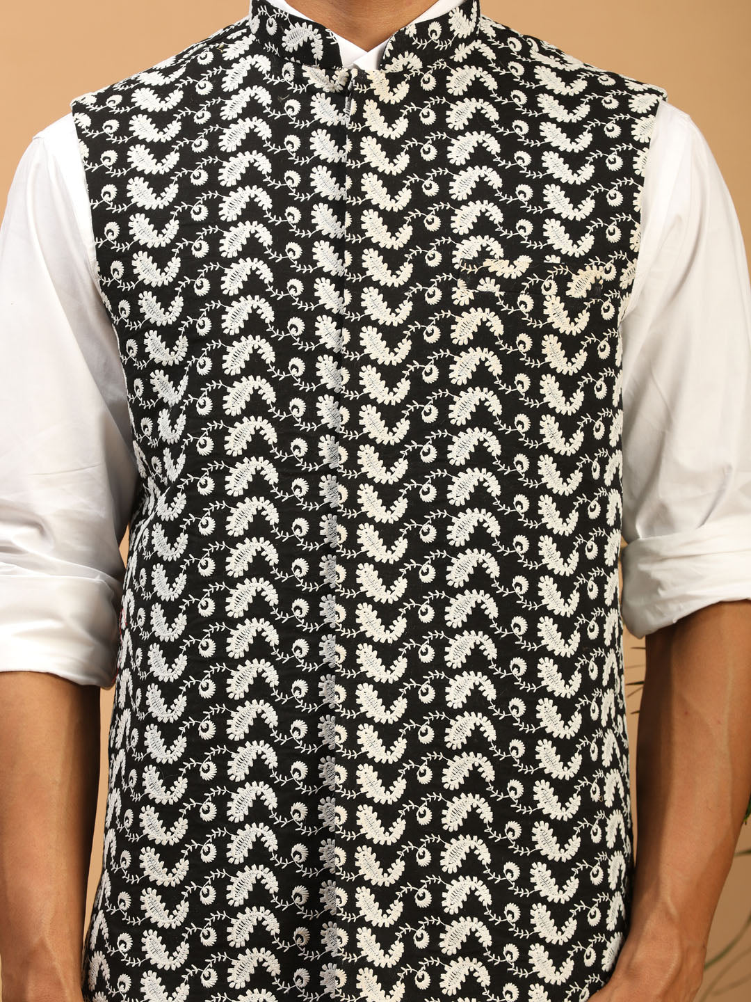  Close-up of the detailed chikankari work on the sleeves and collar of the VASTRAMAY Black Cotton Nehru Jacket