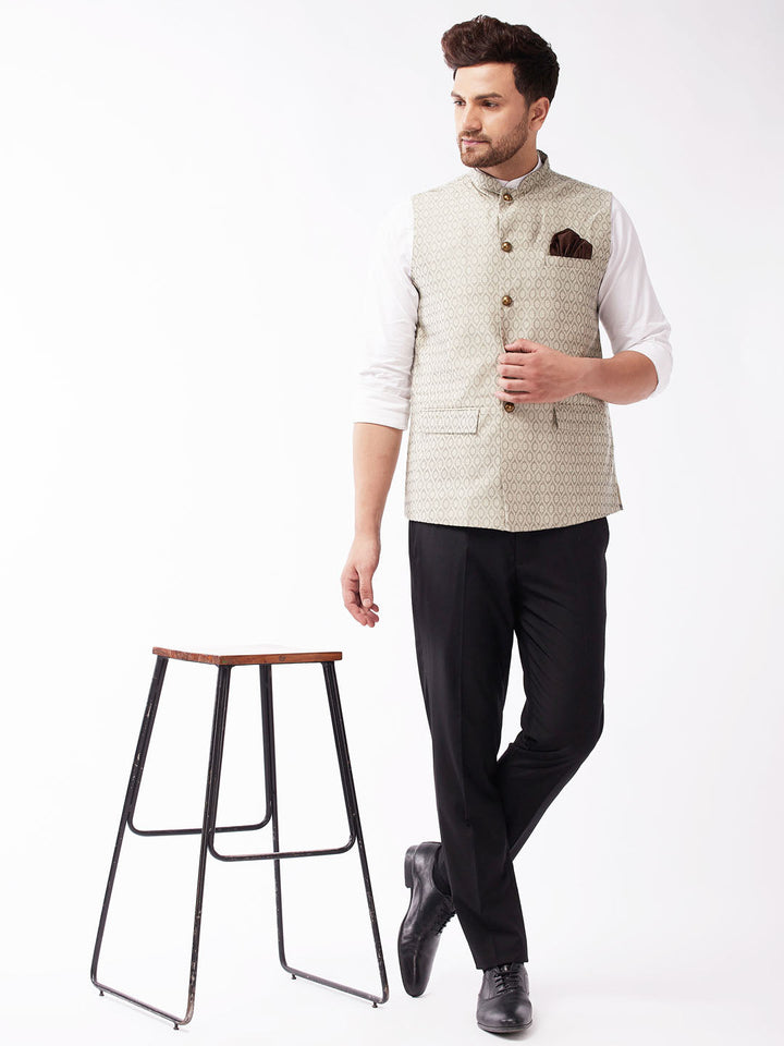 VASTRAMAY Men's Beige Jacquard Nehru Jacket