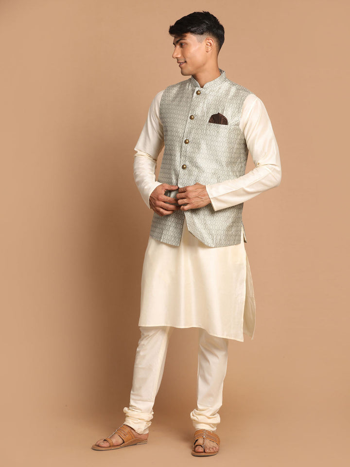 VASTRAMAY Men's Beige Jacquard Nehru Jacket with Kurta Pyjama Set