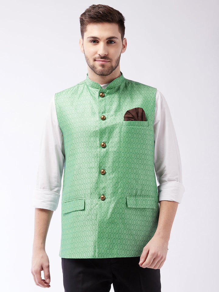 VASTRAMAY Men's Green Jacquard Nehru Jacket