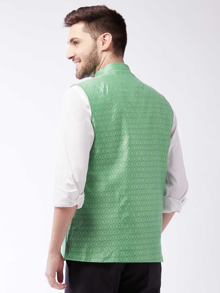 VASTRAMAY Men's Green Jacquard Nehru Jacket