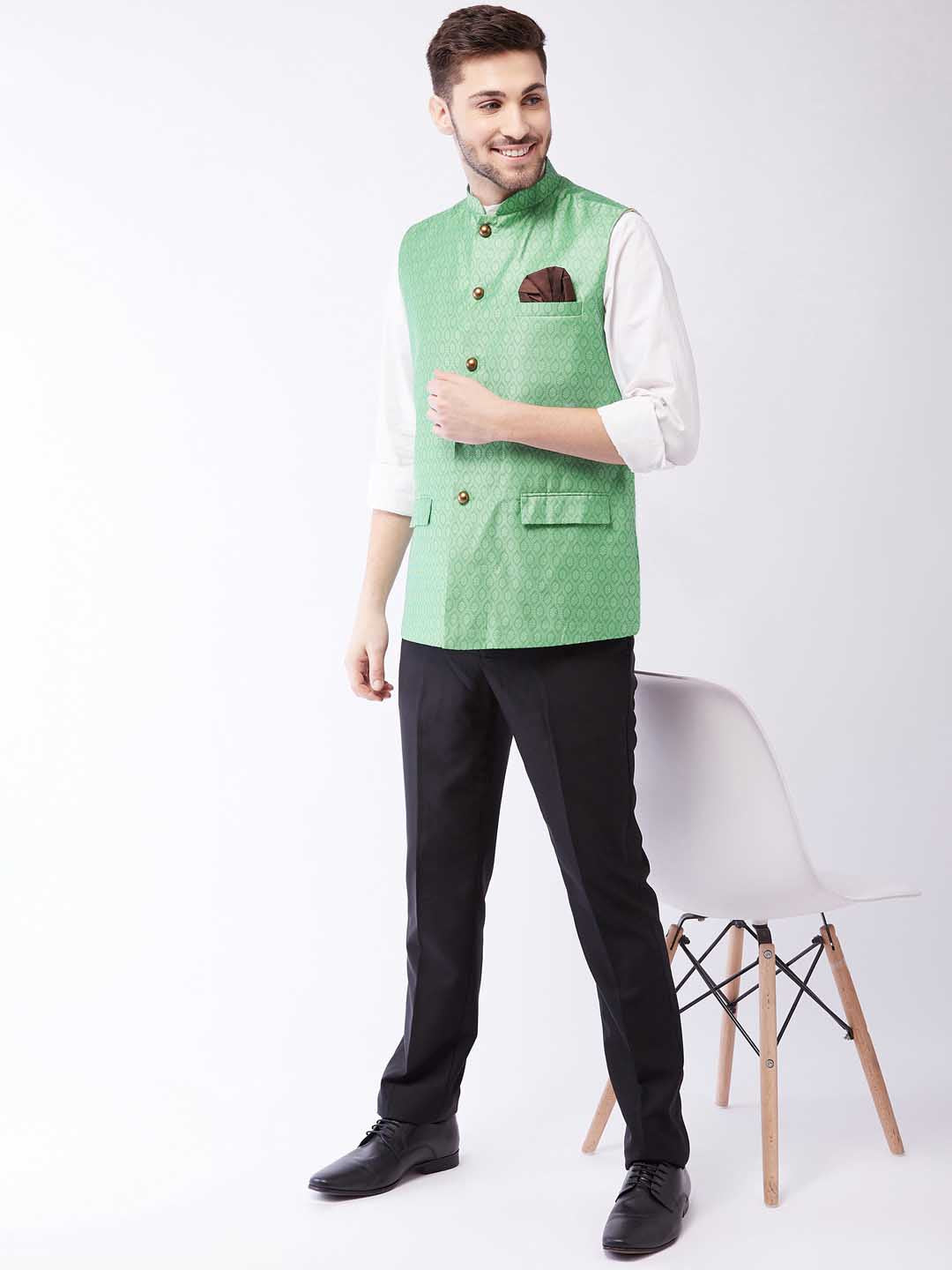 VASTRAMAY Men's Green Jacquard Nehru Jacket