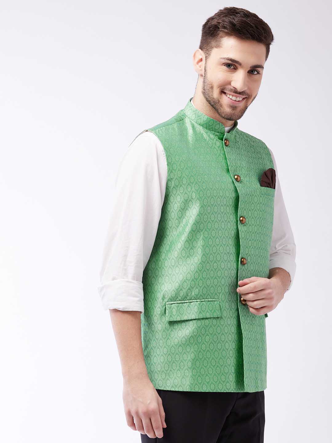 VASTRAMAY Men's Green Jacquard Nehru Jacket