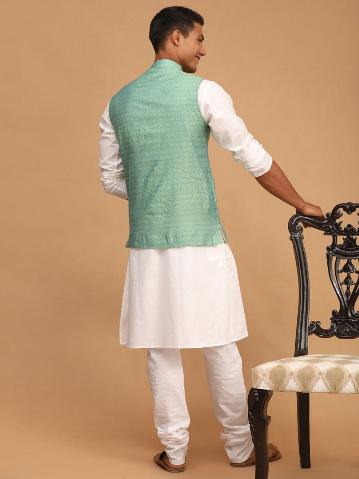 VASTRAMAY Green Woven Jacket With White Kurta and Pyjama Baap Beta Set