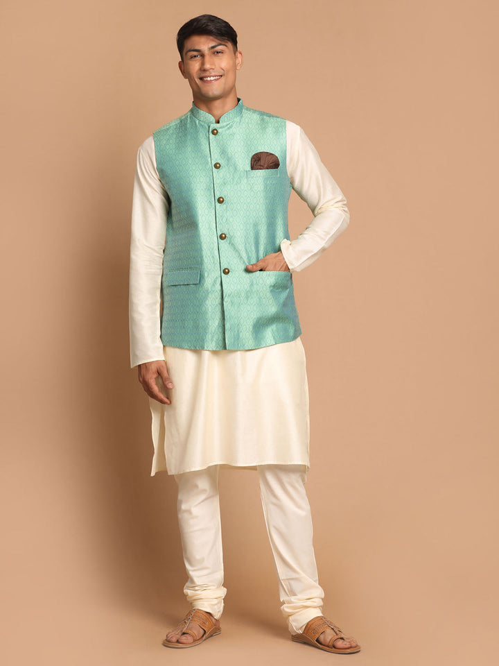 VASTRAMAY Men's Green Jacquard Nehru Jacket with Kurta Pyjama Set